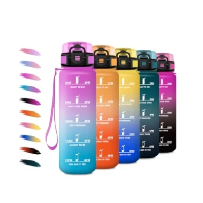 Imagen de Botella Agua Deportiva 1L, con Filtro, Reutilizable, Fácil de Limpiar, Cantimplora Motivadora y Prueba Fugas, para Running, Gimnasio, Cámping, Bicicleta, Correr, Senderismo