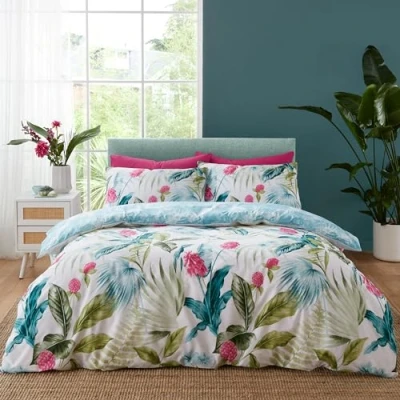 Imagen de Catherine Lansfield Aruba Juego de Funda edredón Reversible con Almohada, diseño Floral Tropical, Color Verde