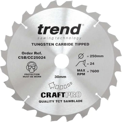 Imagen de Trend CSB/CC25024 Hoja de sierra ingletadora para madera, 250 mm diámetro, 30 24 dientes, TCT, corte 3 mm, gancho 5,