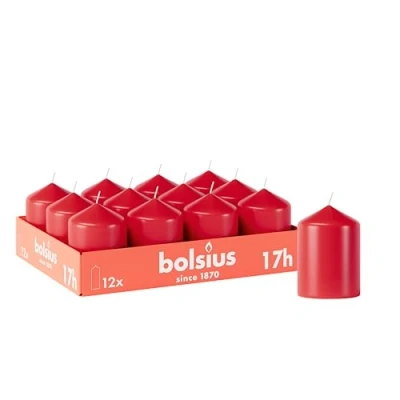 Imagen de Bolsius Velas lisas Rojo 12 unidades 8 x 6 cm decorativas para el hogar Tiempo de combustión 17 horas Sin perfume Contiene cera vegetal natural aceite palma