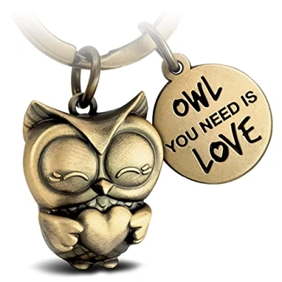 Imagen de FABACH Llavero de búho con corazón y grabado, diseño la amistad el amor, amuleto suerte metal para mujeres Owl you need is Love, bronce, talla única