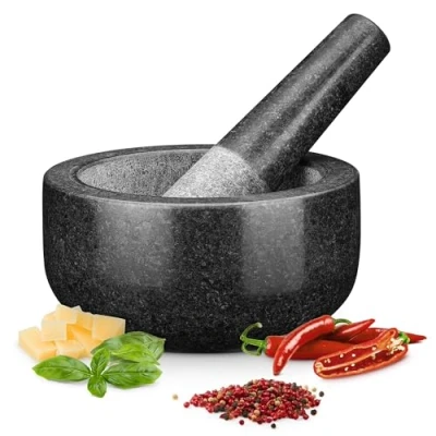 Imagen de H&amp;S Set de Mortero Cocina Piedra Maciza Granito para Machacar y Triturar Especias Molcajete Grande Moler Pedra Negra
