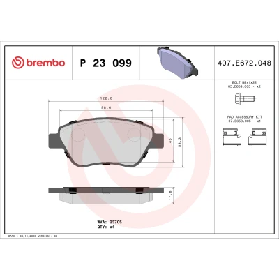 Imagen de BREMBO P 23 099 Juego de pastillas freno excl. contacto avisador desgaste con tornillos pinza accesorios FIAT: 500 Hatchback