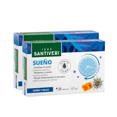 Imagen de SANTIVERI Sueño, Complemento Alimenticio a Base de Melatonina y Extractos Escutelaria, Amapola California, Valeriana Pasiflora, Ayudan Conciliar el Sueño 2 x 20 Cápsulas