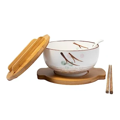 Imagen de lachineuse Tazón asiático grande de porcelana sopa y fideos Tinte blanco ⌀ 16 cm Estilo japonés Zen Capacidad 1000 ml Cuchara, palillos soporte Decoración regalo vajilla japonesa