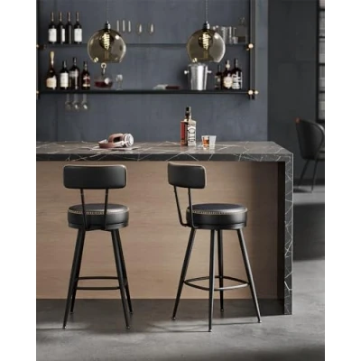 Imagen de VASAGLE EKHO Colección Juego de 2 Taburetes Bar, Sillas Giratorias Barra con Respaldo, Cuero Sintético Costuras, Moderno Siglo Medio, Altura 65 cm, Cocina, Negro Tinta LBC089B01