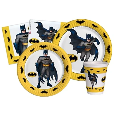 Imagen de Kit Vajilla de Fiesta Batman para 24 personas (112 pcs: platos Ø23cm, Ø18cm, vasos 250ml, 40 servilletas 33x33cm) papel compostable eco friendly