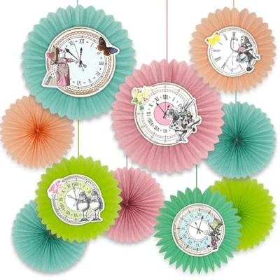 Imagen de Talking Tables 10x Adornos colgantes de papel con forma abanico el curioso reloj Alicia en país las maravillas para cumpleaños niños y fiestas té Sombrerero Loco