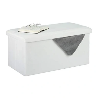 Imagen de Relaxdays Banco Almacenaje, Baúl Almacenamiento, Efecto Lino, Asiento Acolchado, Corredor, 38 x 76,5 38,5 cm, Blanco, Tablero de Fibras