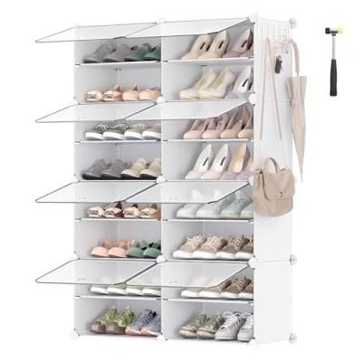 Imagen de SONGMICS Mueble Zapatero Plástico, 8 Compartimentos, Modular, Estantería Modular de 30 x 40 cm Cada Cubo, con Puerta, Marco Acero, Panele Blanco LPC034W01