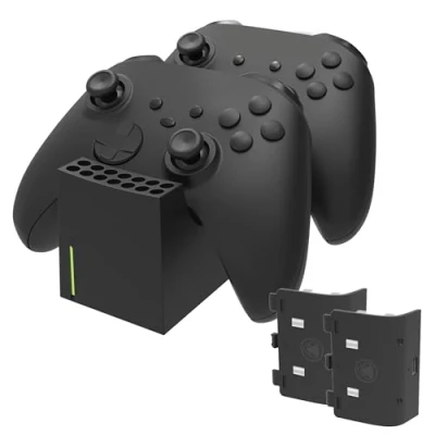 Imagen de snakebyte Xbox TWIN CHARGE SX negro Cargador para mandos de la Serie X, inalámbricos, 2 baterías recargables 800mAh, indicador LED estado carga, diseño X