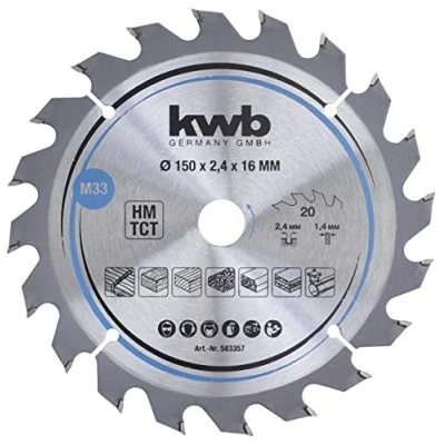 Imagen de kwb 583357 hoja de sierra circular para aglomerado, madera/madera dura, 150 x 16 mm, cortes limpios, número medio, 20 dientes Z 20, CleanCut media,