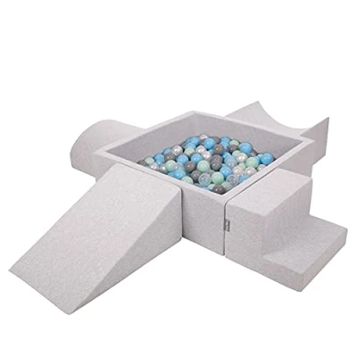 Imagen de KiddyMoon Parque Infantil De Espuma con Cuadrada Piscina Bolas (200 Bolas) para Niños, Gris Claro:Perla/Gris/Transparente/Azul Clr/Menta