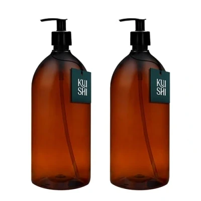 Imagen de Kuishi Brown Amber Plastic Bottles with Pump Dispenser, BPA Free Bottles, Empty Dispenser for Handwash, Lotions, Shampoo, Conditioner, Shower Gel. (1000ml x 2)