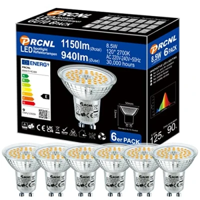 Imagen de PRCNL GU10 lámparas LED blanco cálido, fuente de luz 8.5W, 940 lúmenes, 2700 Kelvin, AC220 240V, cálido Reemplaza halógenas 125W, ángulo haz 120 Bombilla no regulable…