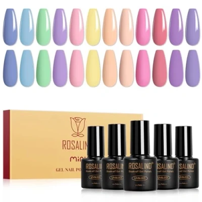 Imagen de ROSALIND Esmaltes Semipermanentes Pastel, 12 Color Azul Verde Morado Rosa Amarillo Nude Macarrón Colores Uñas UV LED Pintauñas Pastel Verano Manicure Regalo
