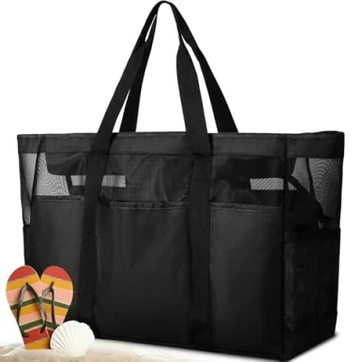 Imagen de MULEVIP Bolsa de Playa para Mujer Impermeable Grande,Bolsa Grande XXL Familiar, Lienzo Shopper Hombro Piscina con Cremallera Viajes Negro