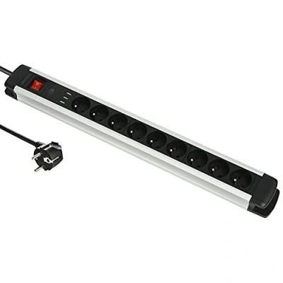 Imagen de Electraline 35431 ALU Line Regleta (9 enchufes + 3 USB Tipo A 3.A) con Cuerpo de Aluminio, Cables 3G1,5 mm, 2 m, Encendido/Apagado Switch, Color Negro
