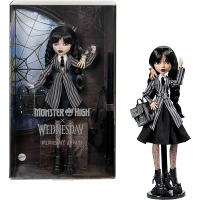 Imagen de Monster High Miércoles muñeca y Accesorios, Coleccionable de Addams con el Uniforme la Academia Nevermore, Cosa una Mochila, peana para muñeca, HXJ04