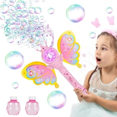 Imagen de Weinsamkeit Máquina de Pomperos para Niños con Luz y Música, Varita Mágica Pompas Líquido, Regalo Ideal Niñas 3 a 8 Años, Fiestas Verano al Aire Libre Rosa
