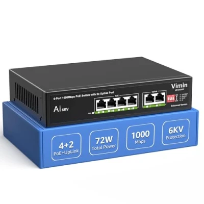 Imagen de Switch Gigabit PoE de 6 Puertos con 4 PoE, VIMIN Red no Gestionado 10/100/1000Mbps 2 Uplink, AI Watchdog, VLAN, Extender 250m, Soporte IEEE802.3af/at