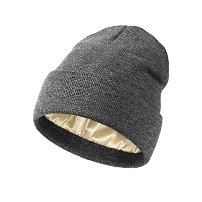 Imagen de TOEECY Gorros Invierno Mujer Cálido Suave Fino Gorro de Punto Classics Básico Beanie con Forro satén Proteger el Peinado Moda Cómodo Slouchy Sombrero Unisex (Gris)