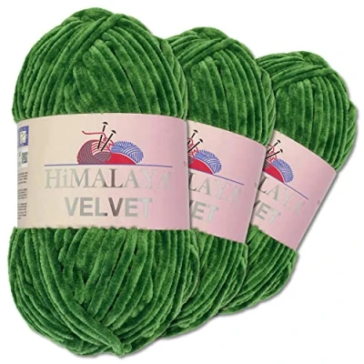 Imagen de Wohnkult Himalaya 3 x 100 g Velvet Dolphin tejido de lana, 40 colores para elegir, hilo tejer chenilla, lana esponjosa, brillo, accesorio, ropa, mantas (90060, verde)