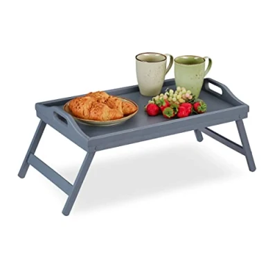 Imagen de Relaxdays 2 Bandejas Cama con Patas Plegables y Asas, Borde Elevado, Bambú, 6,5 x 50 30 cm, Gris