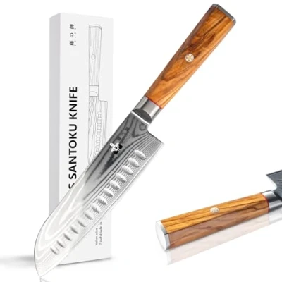 Imagen de FUJUNI Cuchillo Santoku Damasco, Cuchillos Cocina Profesional 18CM de Acero Damasco 67 Capas, Núcleo Corte Súper VG10 con Mango Madera Olivo