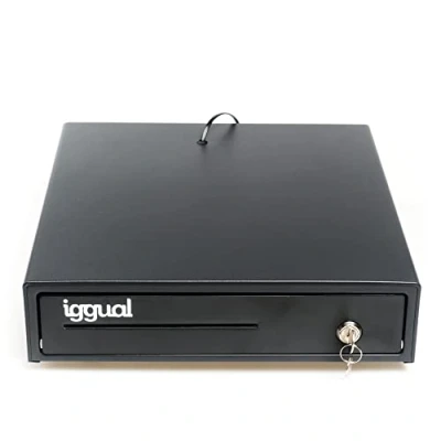 Imagen de iggual Cajón Portamonedas IRON15 Caja Registradora Manual/Automática RJ11 (12V) x4 Billetes x8 Monedas, Cerradura 3 Posiciones Bloqueo.36.8x33.5x8 cm (Color Negro)
