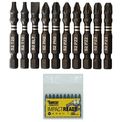 Imagen de 10 x SabreCut SCPC50_10 50 mm PZ2 PZ3 PH2 PH3 SL7 T15 T20 destornillador puntas para destornilladores de impacto cabeza Pozi Phillips Torx Heavy Duty incluido caja almacenaje
