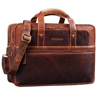 Imagen de STILORD &#039;Yves&#039; Maletín Hombre de Cuero para Portatil 15.6 Pulgadas XL Bolso Bandolera Profesor Piel Vaca, Color:Kara Cognac