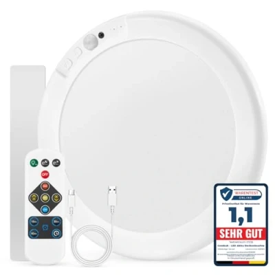Imagen de Combuh Plafon LED Techo con Sensor de Movimiento, Ø19CM USB Recargable Lampara Mando a Distancia, IP44 3000K 6500K Regulable Luz Batería Redondo para Corredor Sótano Balcón