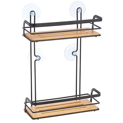 Imagen de MSV Estantería de ducha para baño, sin agujeros, con ventosas, acero y bambú, 25,5 x 12 37 cm, color negro mate