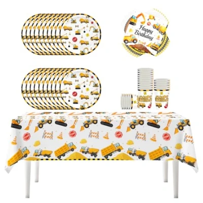 Imagen de Vajilla para fiesta de coches ingenieria/vajilla decorativa cumpleaños infantil/20 platos papel 20 vasos servilletas 1 mantel/aplicable a bautizo bebe