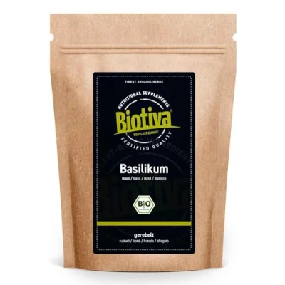 Imagen de Biotiva Albahaca orgánica frotada 100g lat. Ocimum basilicum para condimentar platos mediterráneos probada y certificada en Alemania