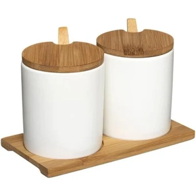 Imagen de Juego Azucarero Porcelana Blanca Con Bandeja Bambu