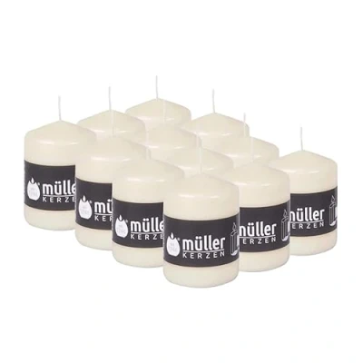 Imagen de Müller Juego de 12 velas cilíndricas, color marfil, 57 x 81 mm, larga duración 15 horas, cera antigoteo, sin olor, calidad RAL