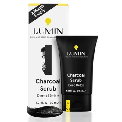 Imagen de Lumin Exfoliante Facial de Carbón activado para hombres Exfoliating Rub Evita reducir la sequedad, poros, manchas oscuras, puntos negros y irritación despues del afeitado, 1oz (30 ml)