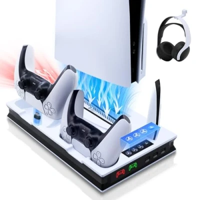 Imagen de Tolesum Soporte de Refrigeración para PS5 / Slim, PS5/PS5 Slim Vertical Ventiladores y Estación Carga Dual Dontrolador, 3 USB, Auriculares Blanco