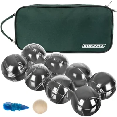 Imagen de KRUZZEL Juego de 8 bolas con accesorios para actividades al aire libre, Juegos Exterior, motivos grabados, funda 725