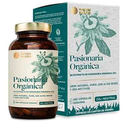 Imagen de Nature Basics® Organic Passionflower Capsules 10:1 extracto certificado y sostenible en un frasco 180 cápsulas veganas de alta dosis con 1.100mg por diaria.