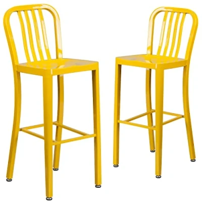 Imagen de Flash Furniture Juego de 2 taburetes Metal Amarillo 30 Pulgadas Alto para Interiores y Exteriores con Respaldo Listones Verticales