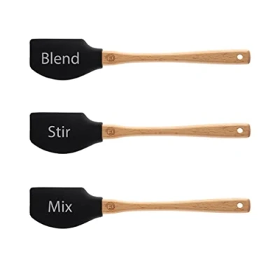 Imagen de MasterChef Lengua Silicona Cocina, Espatulas Antiadherentes, Reposteria Utensilios Resistente al Calor, con Mangos de Madera para Cocinar y Hornear, Apta Lavavajillas, Juego 3, Negro
