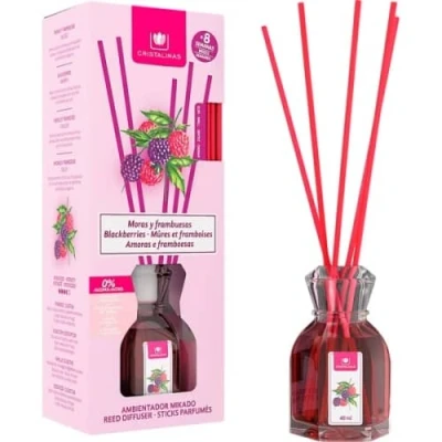Imagen de CRISTALINAS. Ambientador Mikado Clasico. Difusor con Varillas de ratán. 0% Alcohol.Mas 4 semanas duración. 40ml. Aroma Moras y Frambuesas. (40ml)