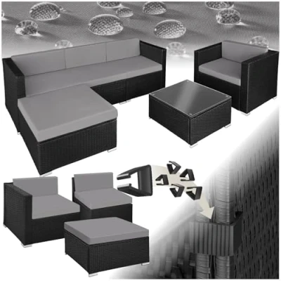 Imagen de TecTake® Conjunto Jardín de Ratán, Muebles Exterior 4 Sillones, 1 Mesa con Cristal, Sillón Puf, Terraza Resistente a la Intemperie, Cojines, Modular, Estructura en Acero Negro/Gris