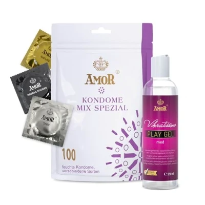 Imagen de Lote de preservativos AMOR Premium y Gel lubricante: compañeros ideales para el buen sexo. 100 Mix Special, Ø 53 mm, 5 variedades + Play med Vibratissimo, 250 ml