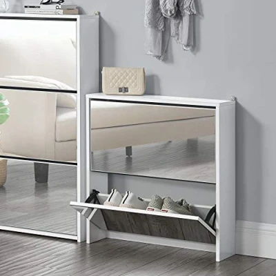 Imagen de [en.casa] Zapatero con Espejo 67 x 63 17cm 2 Compartimentos de Almacenamiento Mueble Organizador Zapatos Blanco