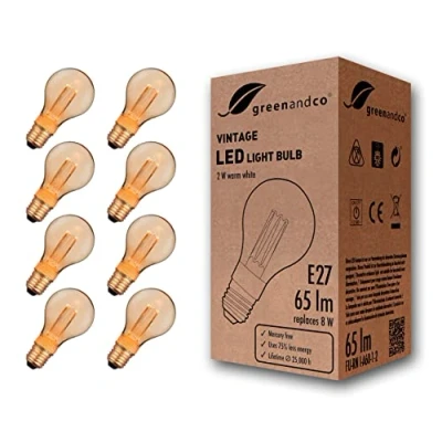 Imagen de greenandco 8x Bombilla LED decorativa estilo vintage E27 A60 2W 65lm 1800K 320 230V, dorado, sin parpadeo, no regulable