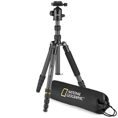 Imagen de National Geographic NGTR004CF Kit de trípode viaje con monopié, fibra carbono, patas 5 secc., bloqueo por torsión, peso 8 kg, bolso, rótula, liberación rápida, color negro